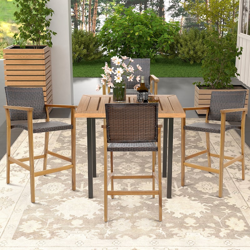 Gymax Patio Rattan Bar Stool Set of 4 Outdoor PE Wicker Bar Chairs w/