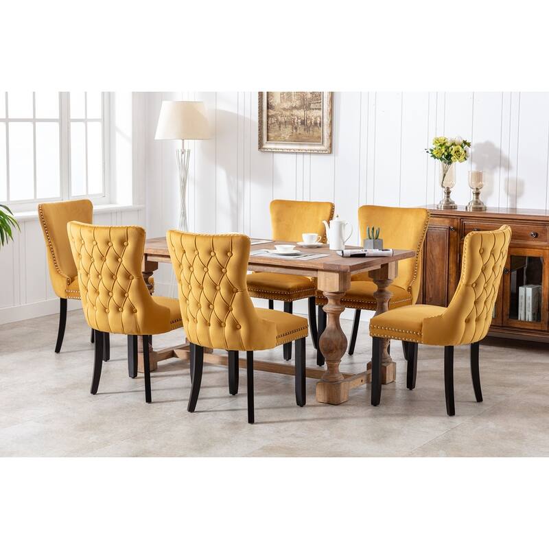 Velvet Upholstered Dining Chair Set of 2, Wing-Back Kitchen Chairs with Backstitching Nailhead Trim and Solid Wood Legs