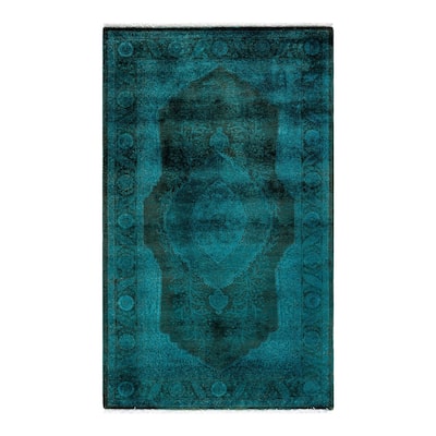 Overton Hand Knotted Wool Vintage Inspired Modern Contemporary Overdyed Blue Area Rug - 3' 2" x 5' 3"