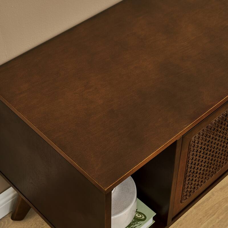 Mid-Century Modern Rattan TV Stand for TVs up to 75" with 2 Sliding Doors and Solid Wood Legs, for Living Room, Walnut