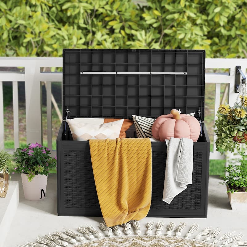 100 Gallon Outdoor Lockable Lid Deck Box with Wheels and Bench Seating for Patio Storage or Backyard Use