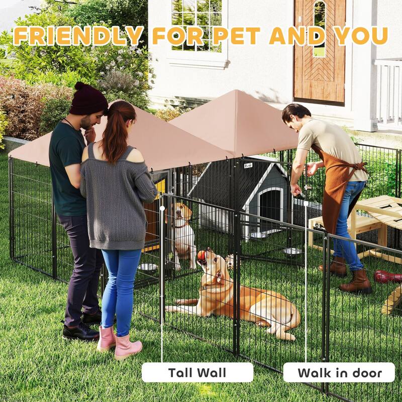 PawHut Dog Kennel Outside with 2 Rooms, Large Outdoor Dog Kennel with Rotating & Adjustable Height Bowls, 13.5' x 9.4' x 5.1'