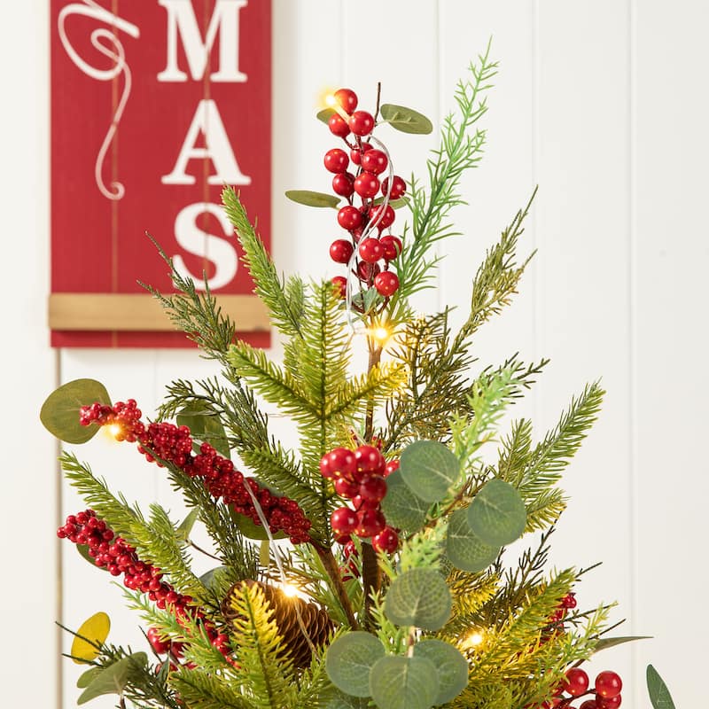 Glitzhome 3ft Christmas Lighted Pine Needle and Eucalyptus Leaf Urn Porch Tree with Timer