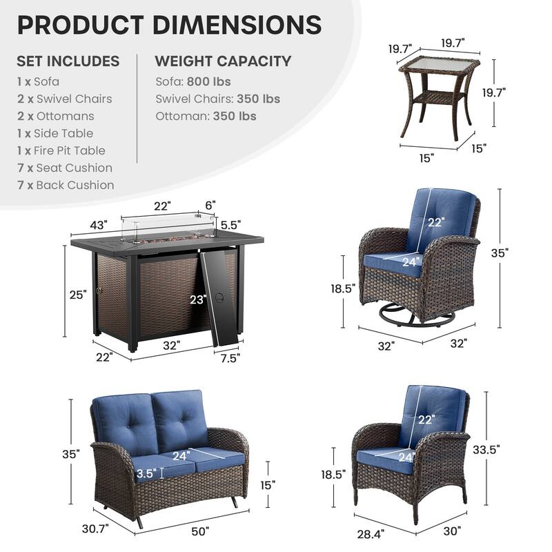 Gymojoy 7-Piece Patio Set with Glider Loveseat, Swivel Chairs & Fire Pit Table for Backyard, Garden