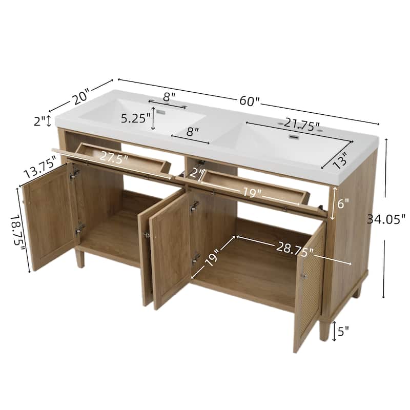 Christopher Knight Home - Bellmere 60" Modern Double Sink Bathroom Vanity with SMC Sink, Soft-Close Storage, and Solid Wood Legs