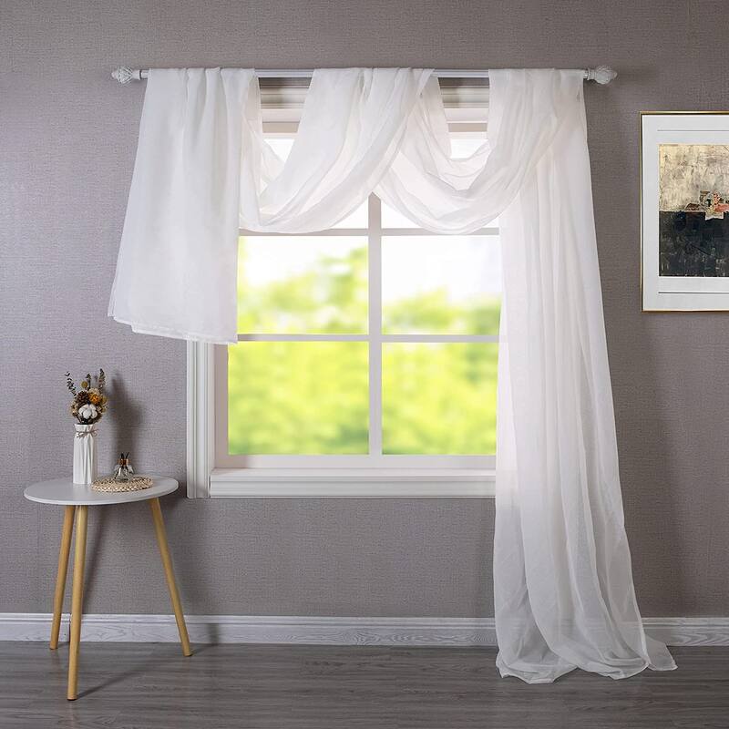 DriftAway Solid White Sheer Window Scarf Valance Long Luxury Sheer Fabric Topper Knife Edge - 52" Width X 144 " Length - White