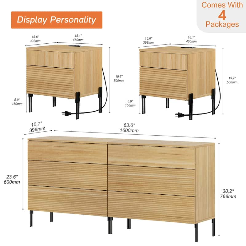 4 Pcs Wood Bedroom Set，Reeded 6 Drawer Dresser and Nightstand Sets, Night Stand Set of 2 with Charging