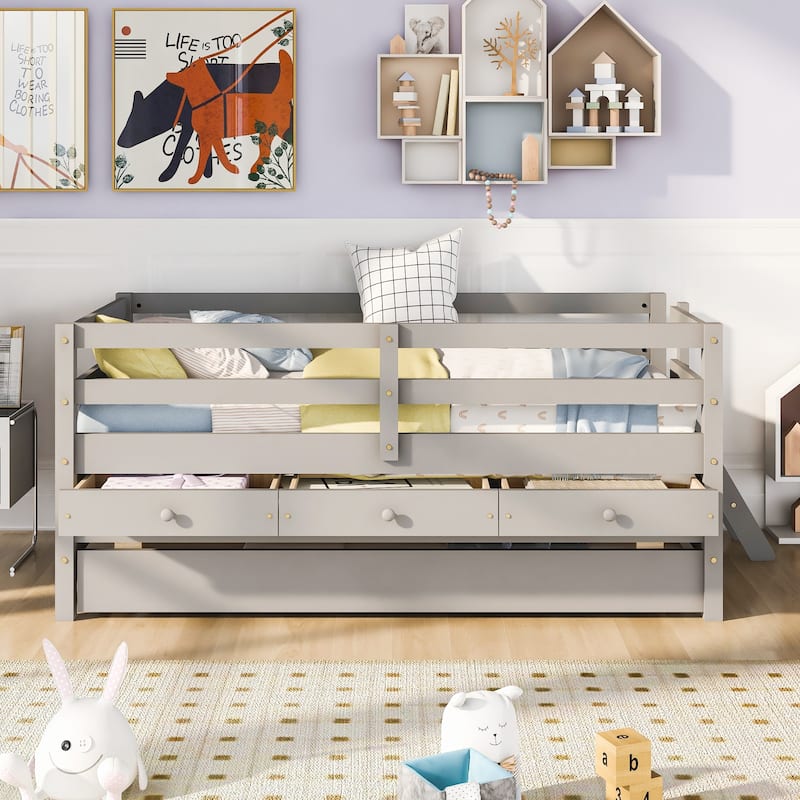 Gray Solid Wood Low Loft Twin Bed with Safety Fence, Storage Drawers