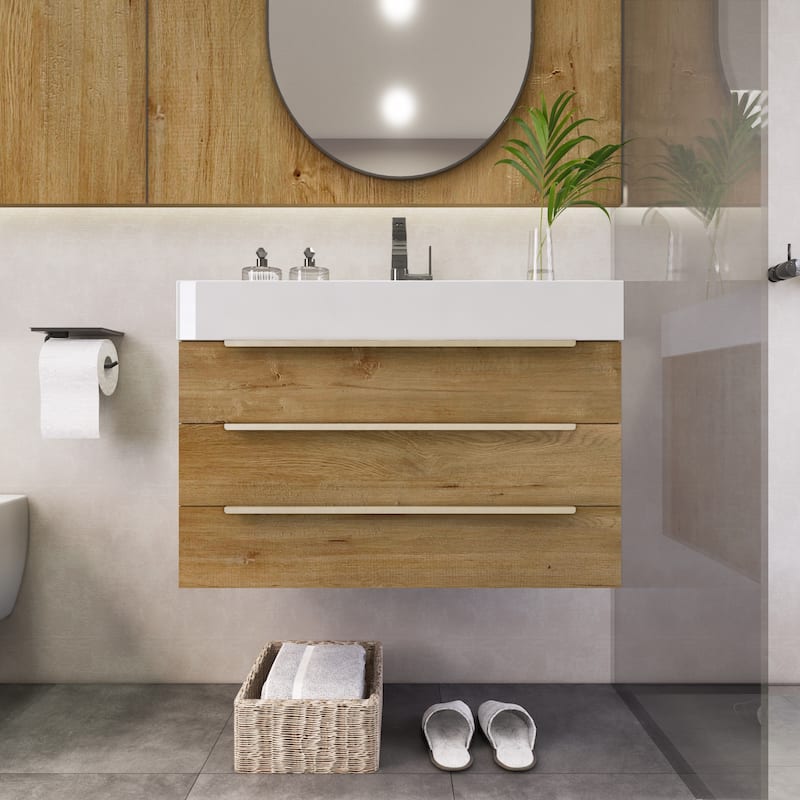 Noble 30" Wall Mounting Vanity with Reinforced Acrylic Sink - 30" Width - Wood Finish - Oak
