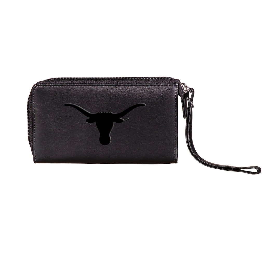 Black Hybrid Leather Cell Phone Wristlet Wallet, University of Texas - 4" x 7"