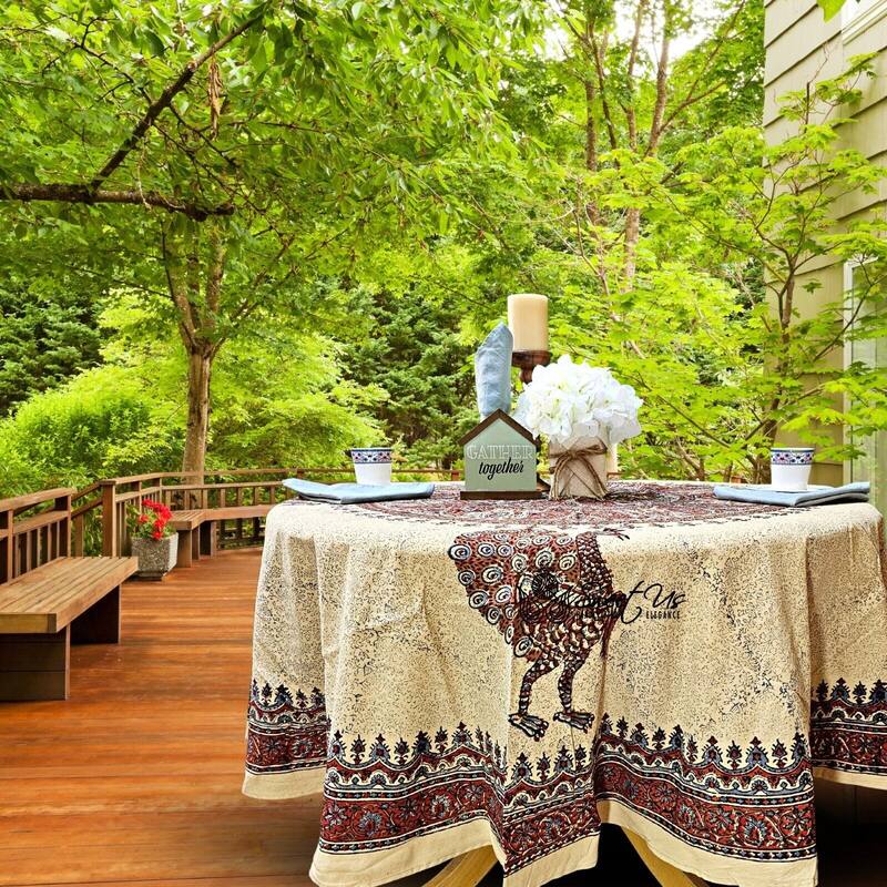 Block Print Veggie Dye Peacock Paradise Paisley Tablecloth Collection