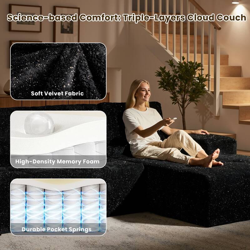 HOOOWOOO Modern Sparkly Velvet Fabric Chaise Sofa Couch with Ottoman