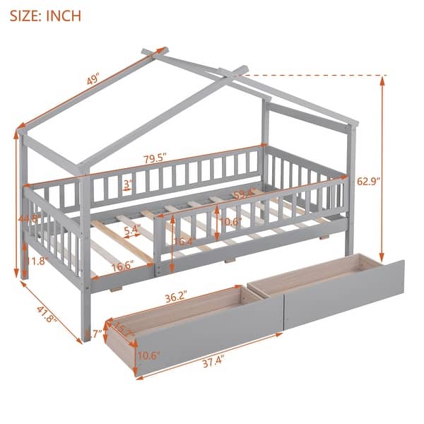 dimension image slide 3 of 4, Wooden House Bed with Two Integrated Drawers, Twin Size