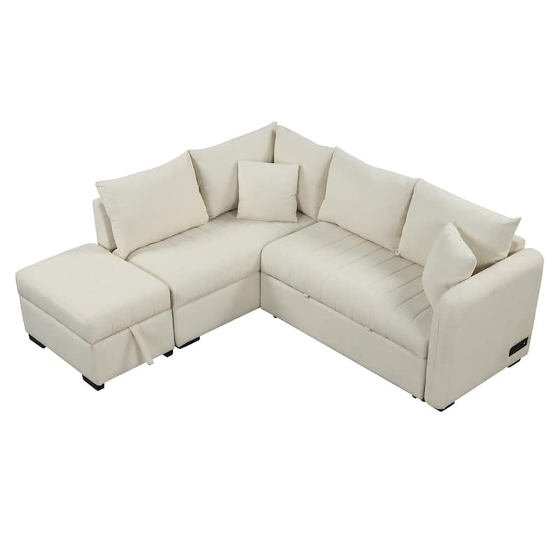 Beige 82.6" L-Shaped 5-Seater Sleeper Sofa with Storage