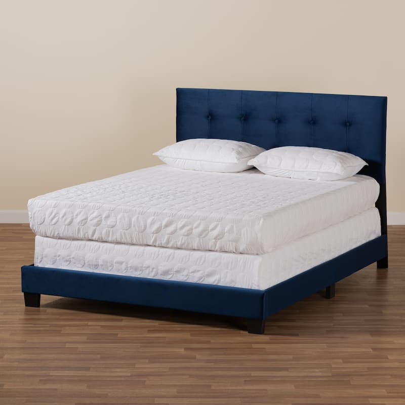 Queen Size Velvet Upholstered Bed - Navy Blue Panel Bed, Button Tufted Headboard, Sturdy Bedroom Bed Frame