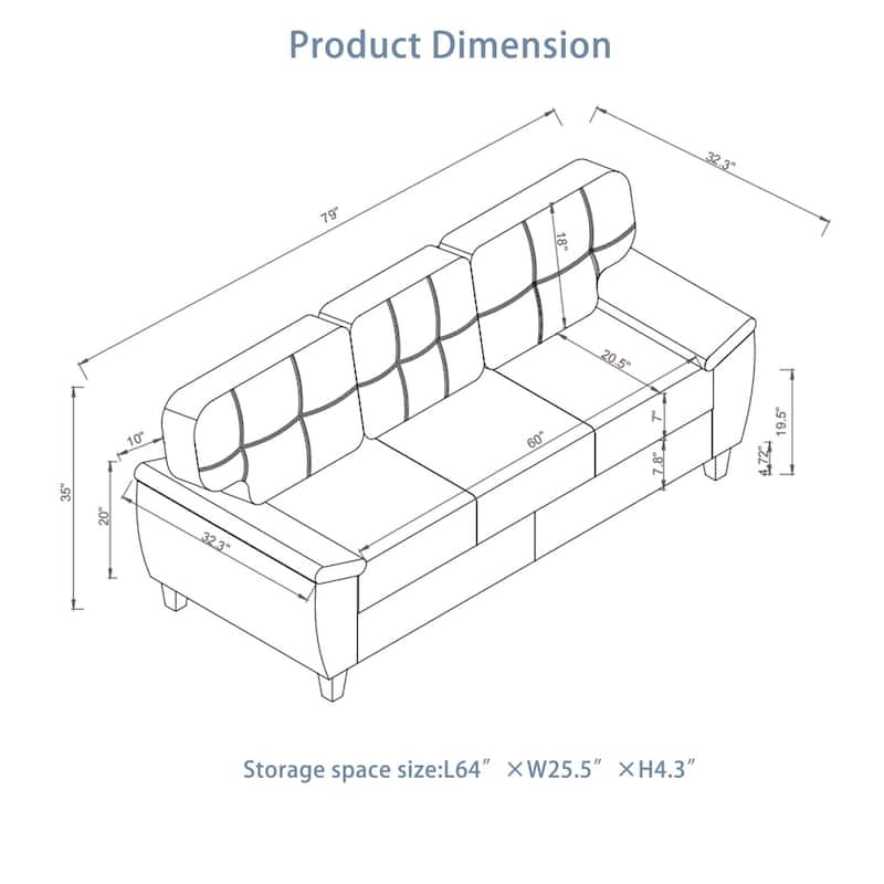 79" Modern PU Leather 3-Seater Sofa with Storage
