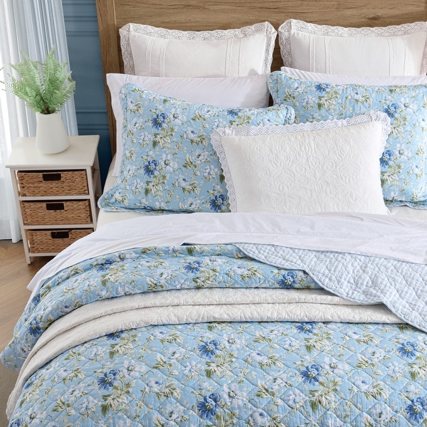 Laura Ashley Peony Garden Cotton Reversible Blue Quilt Set