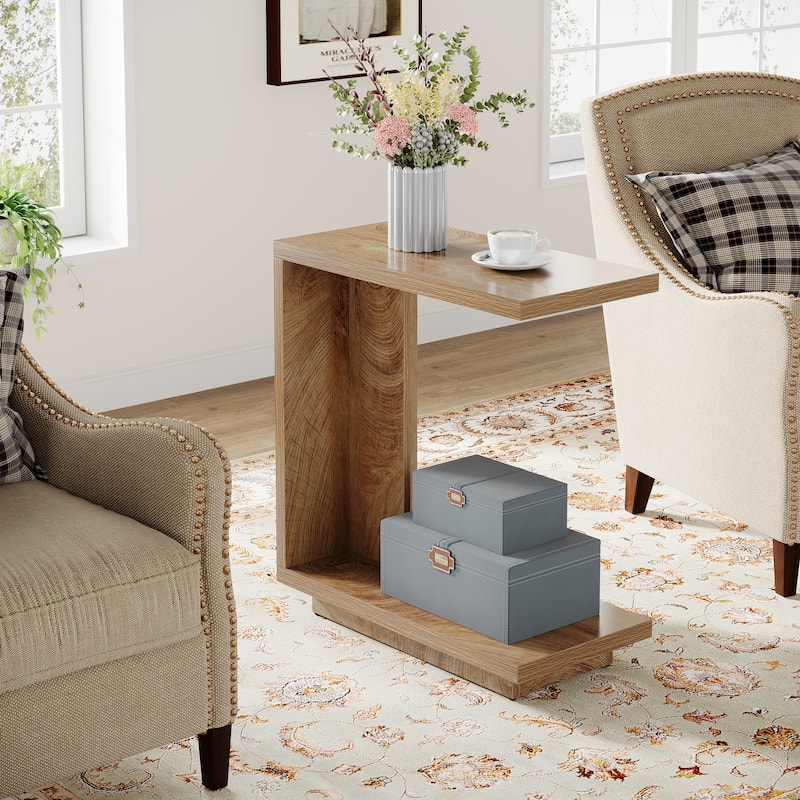 C-Shaped Side Table, 2-Tier Narrow End Table Wood Bedside Table