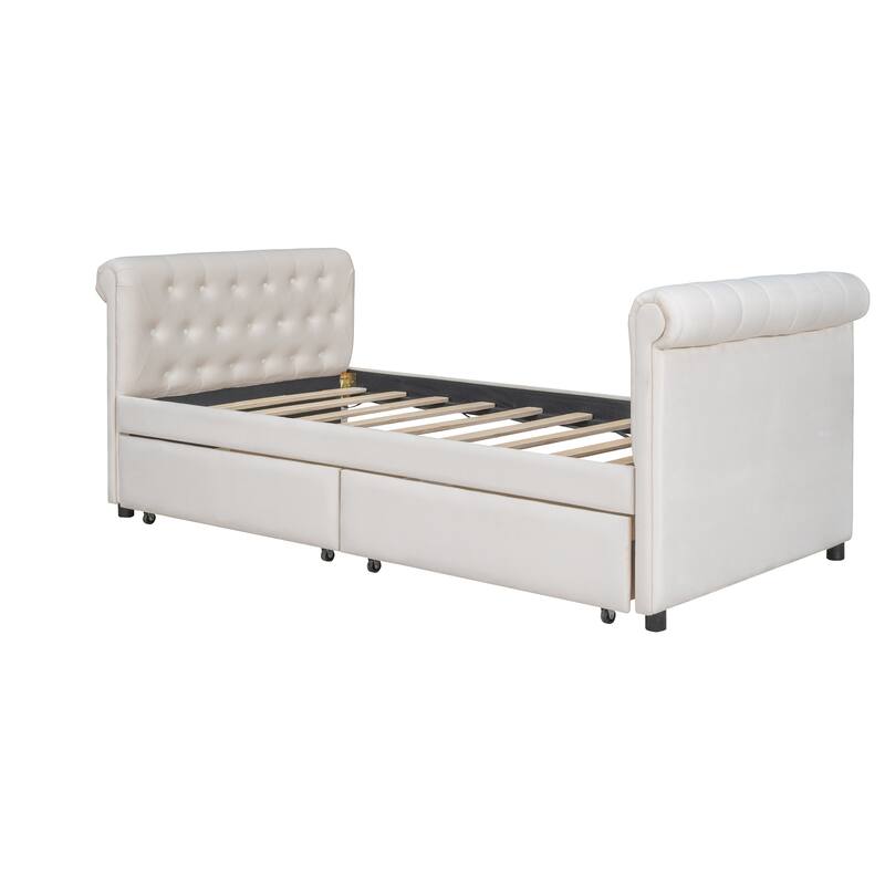 Twin Velvet Daybed with Drawers & Tufted Armrest