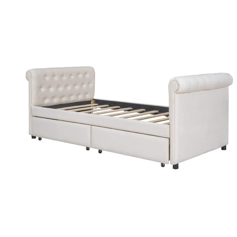 Upholstered Daybed with Drawers, Wood Slat Support