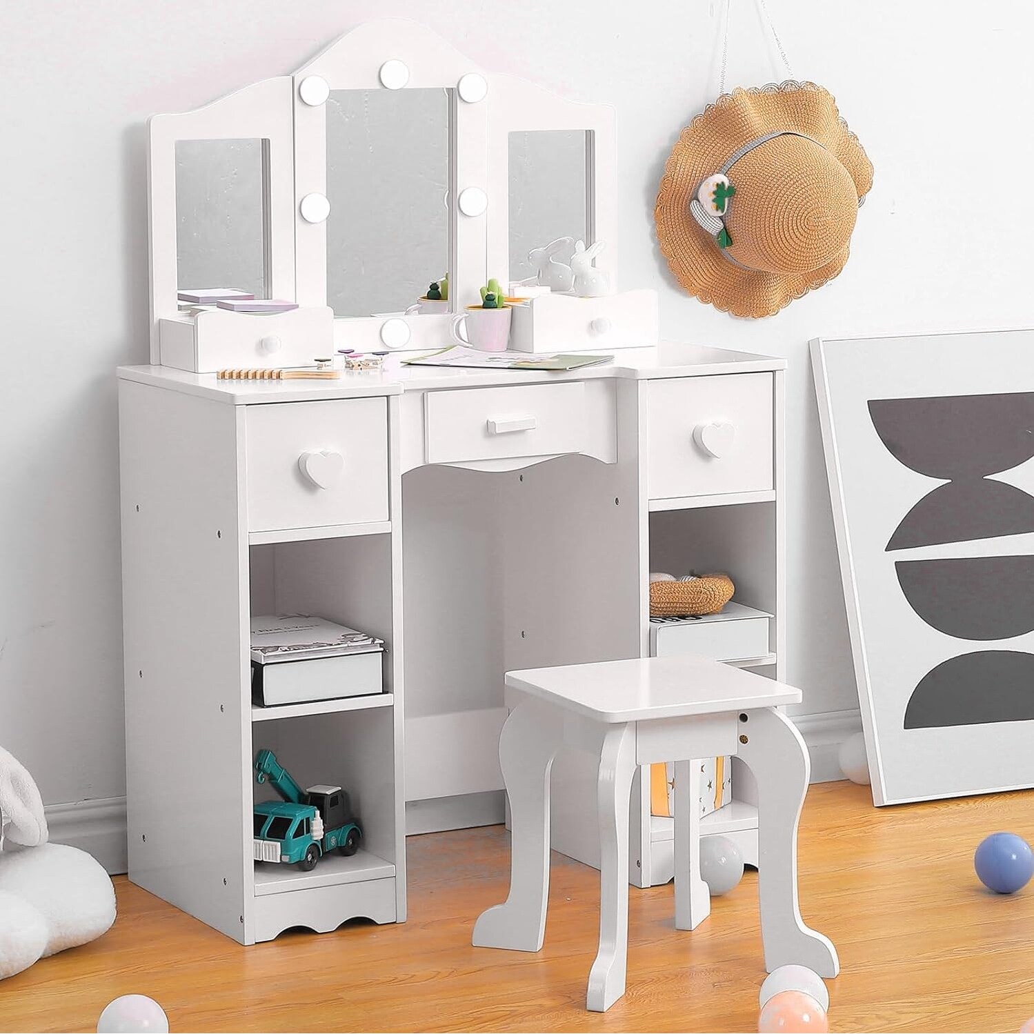 Kids Vanity Girls Vanity Table with Tri Folding Mirror Light Stool Drawer White