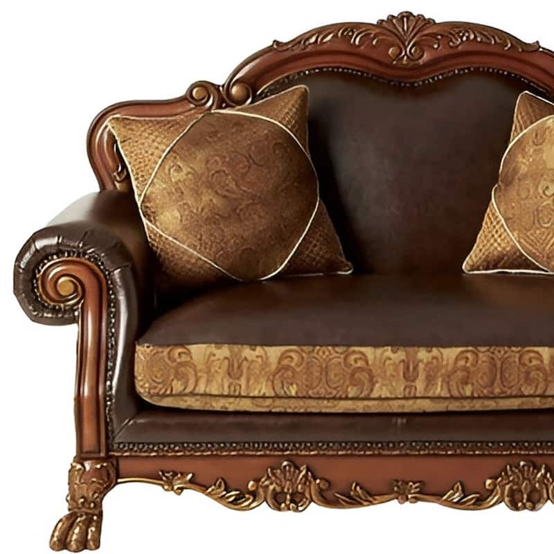 HomeRoots 67" Brown And Redwood Faux Leather Loveseat and Toss Pillows - 67.00 in. x 44.00 in. x 40.00 in.