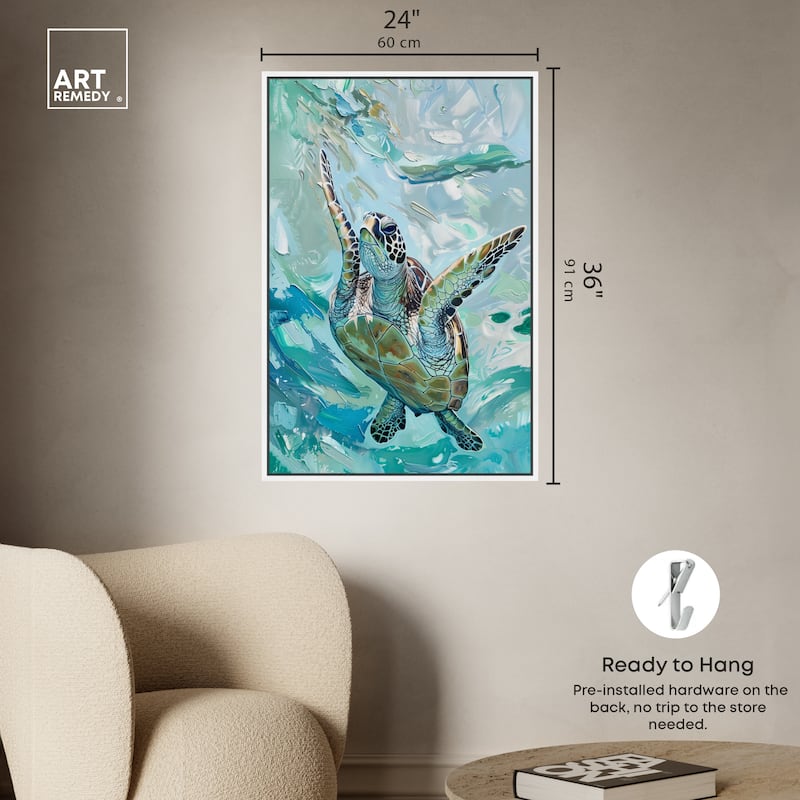 Art Remedy Serene Turtle Framed Colorful Coastal 1 Piece Canvas Wall Art