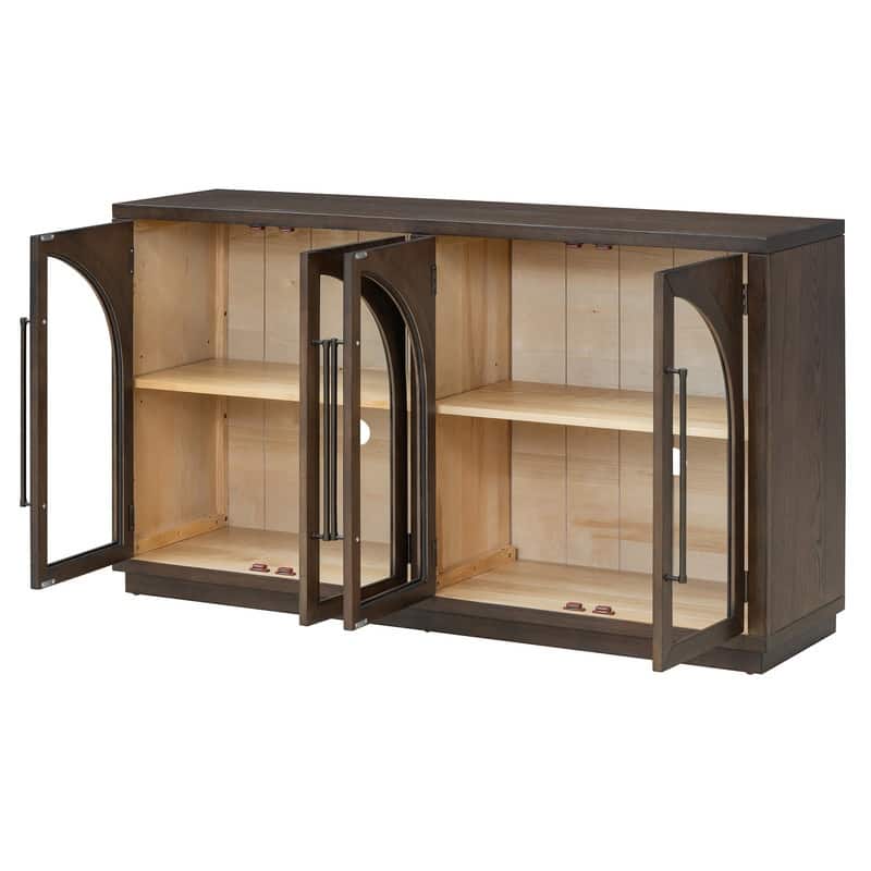 Retro Style Wood Buffet Sideboard with 4 Arched Glass Doors, Kitchen Storage Side Cabinet with Adjustable Shelves