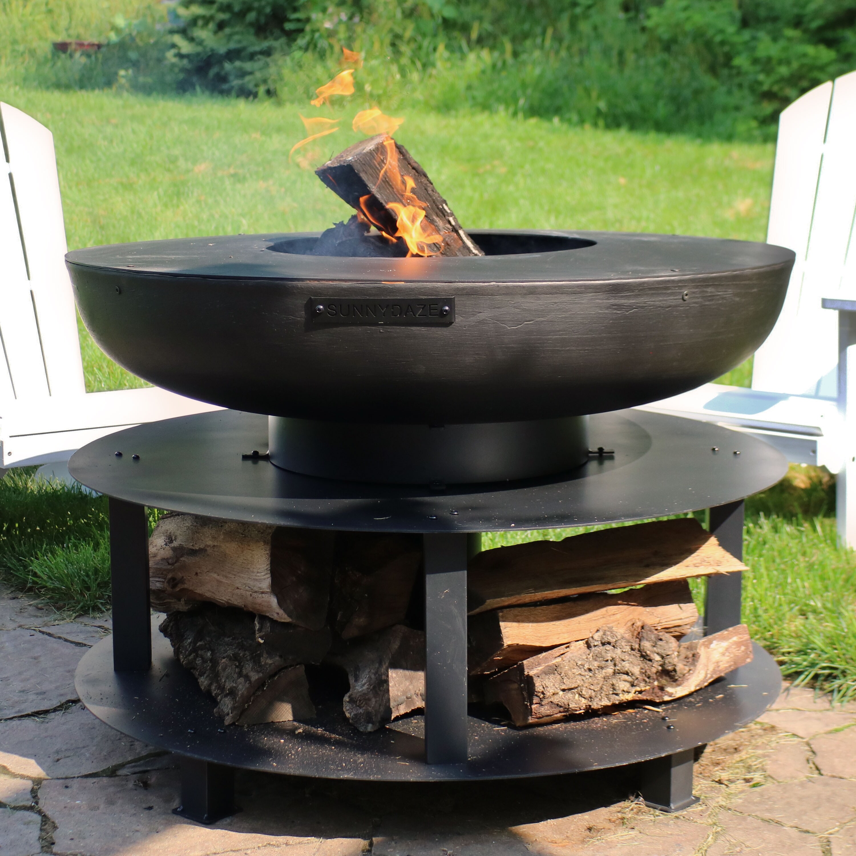 Shop Sunnydaze Black Outdoor Fire Pit With Cooking Ledge And Wood