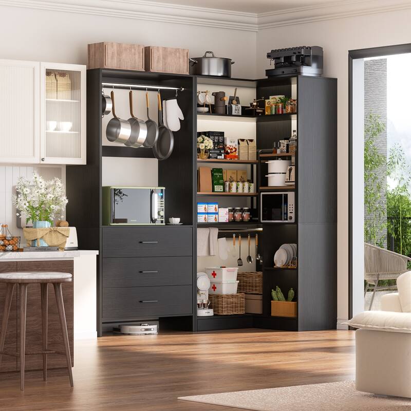 Set of 2 Freestanding Corner Closet Organizer with Drawers, Walk-in Closet System with Hanging Rods
