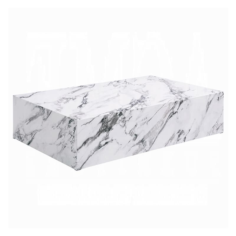 Ritzy Coffee Table, Modern Plinth, White Gray Faux Stone, 48 Inch