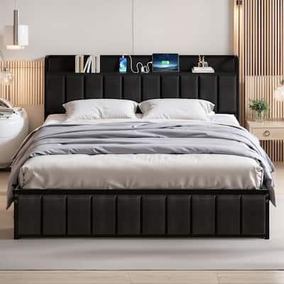 VECELO Upholstered Platform Bed Frame with Storage Headboard and Charging Station, Twin Full Queen Size