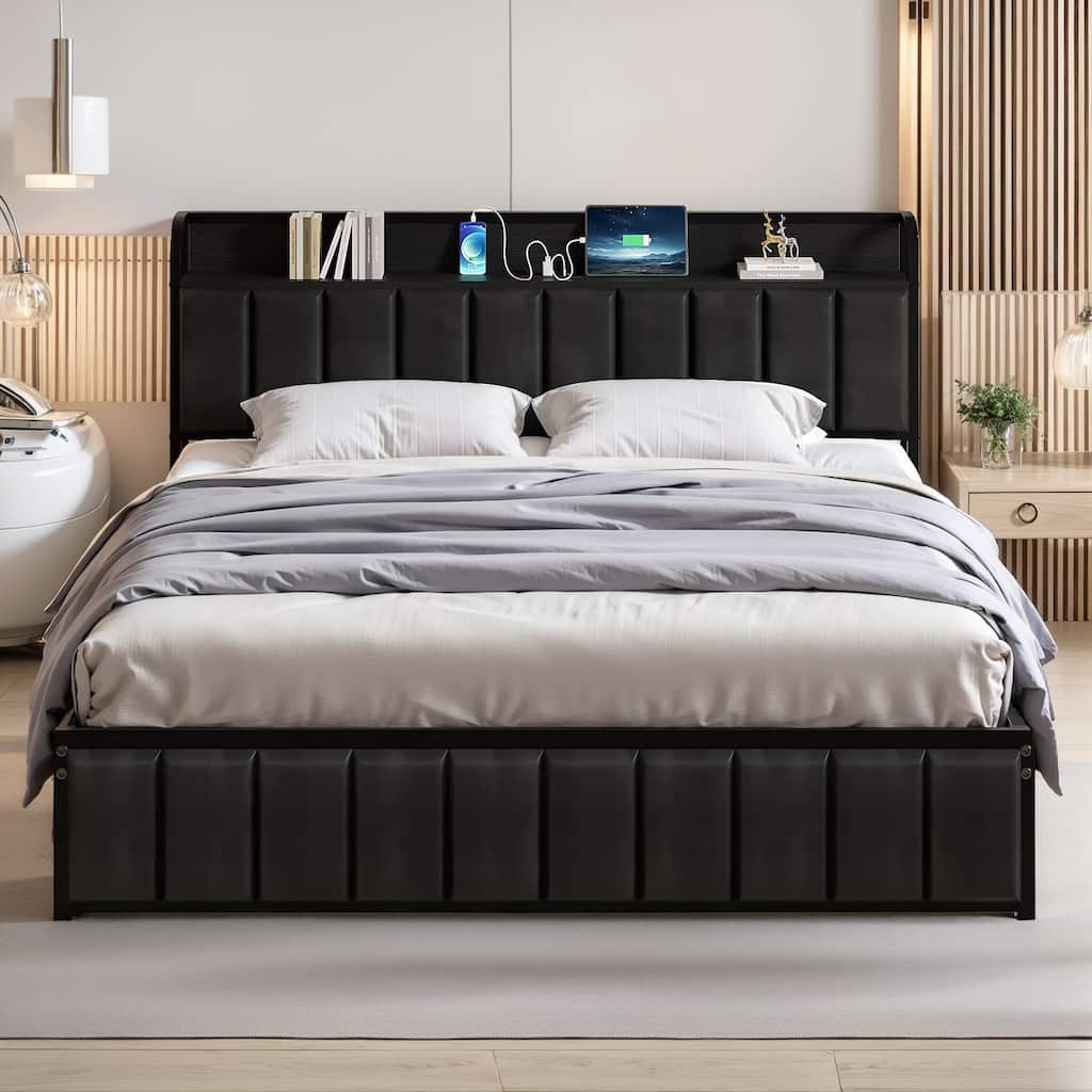 VECELO Upholstered Platform Bed Frame with Storage Headboard and USB AC Ports Charging Station Sturdy Quiet Bed for Bedroom