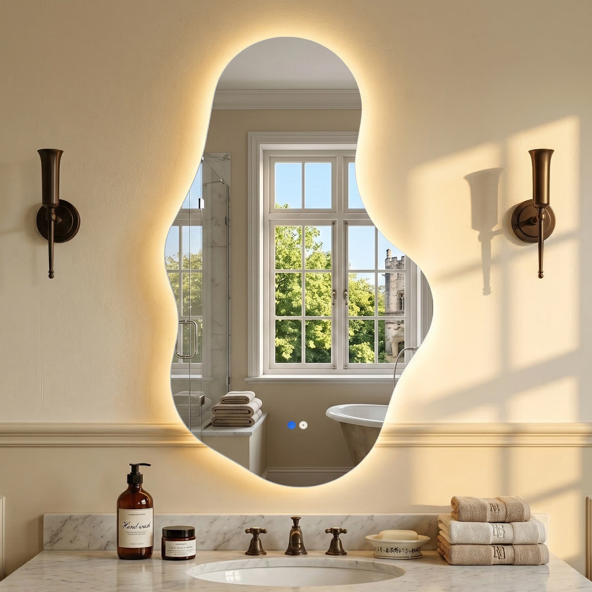 Irregular Frameless LED Lighted Anti-fog 3-Colors Dimmable Wall Bathroom Vanity Mirror