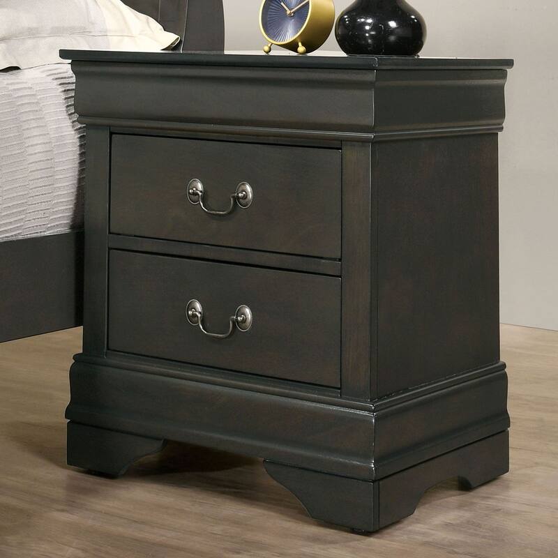 Gray Solid Wood Nightstand with Antique Brass Pulls and Drawers - Gray