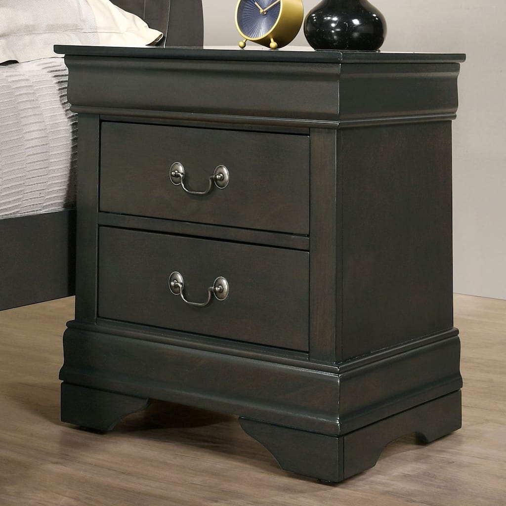 Gray Solid Wood Nightstand with Antique Brass Pulls and Drawers