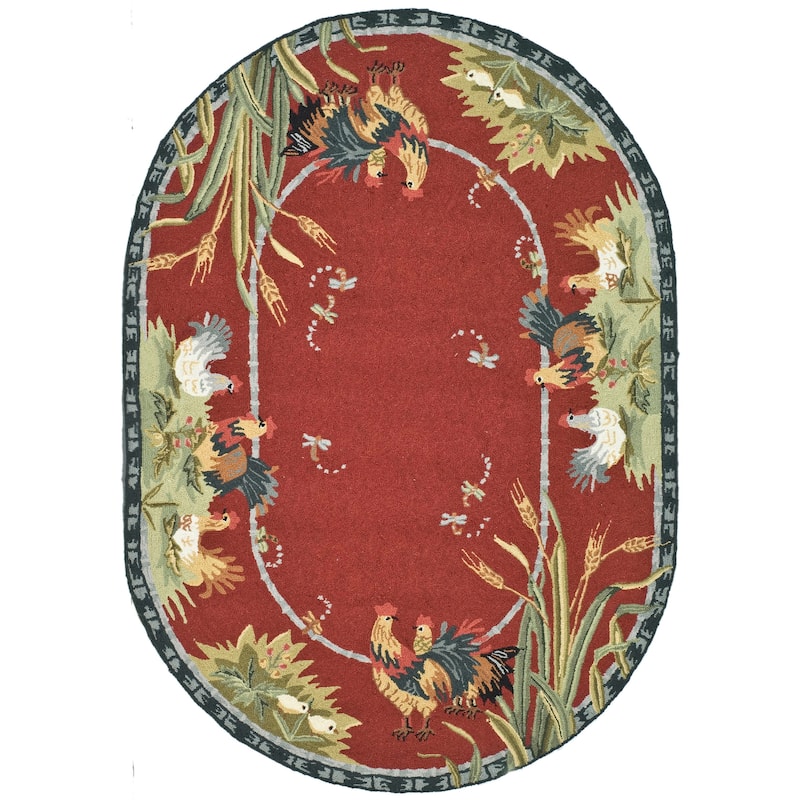 SAFAVIEH Handmade Chelsea Yauheniya French Country Rooster Wool Rug - 4'6" x 6'6" Oval - Burgundy
