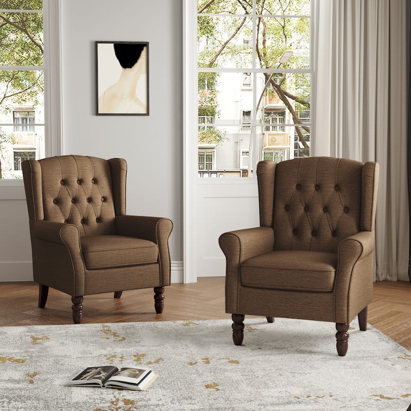 Button Tufted Armchair Wingback Wood legs Accent Chairs (Set of 2)