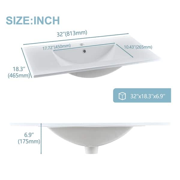dimension image slide 1 of 2, 32"36" in. W x 18.3in. D Classic Rectangular Integrated Ceramic Bath Basin Sink Vanity Top
