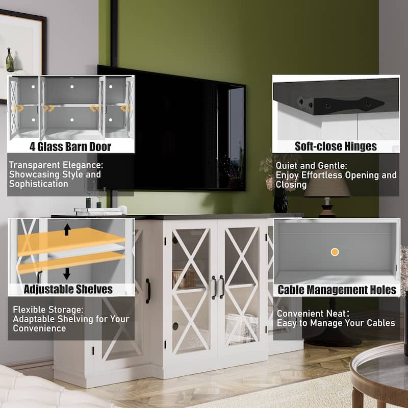 Farmhouse TV Stand wih Storage, 63" Entertainment Center , Wooden Media TV Console with Height Adjustable Shelves