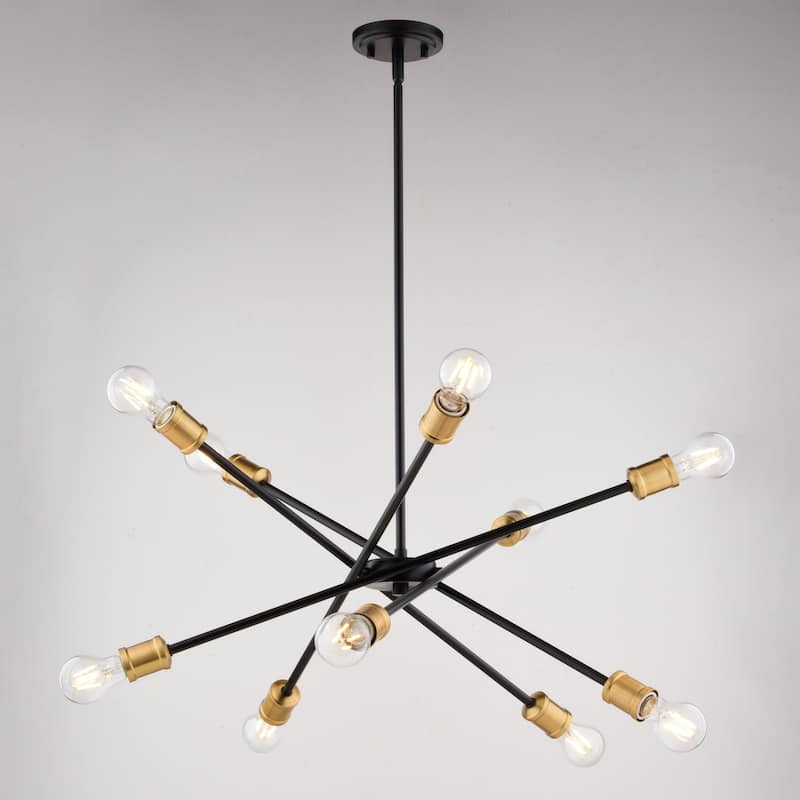 Gresham 10 Light Gold Brass and Black Mid-Century Modern Chandelier Adjustable Arms - 34.25-in W x 14.75-in H x 34.25-in D