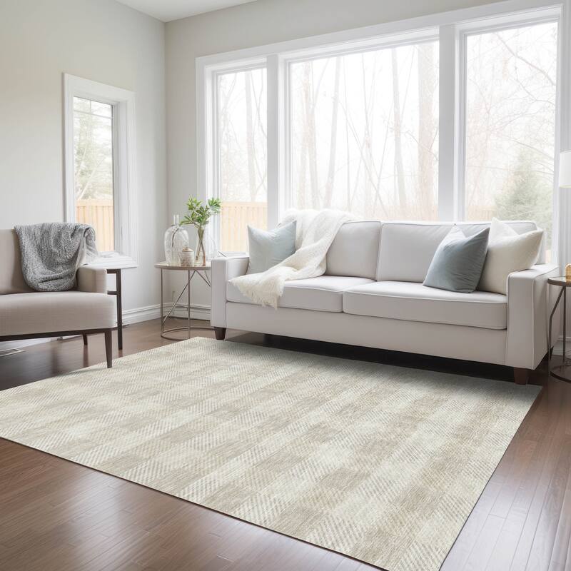 Machine Washable Indoor/ Outdoor Chantille Plaid Stripe Rug