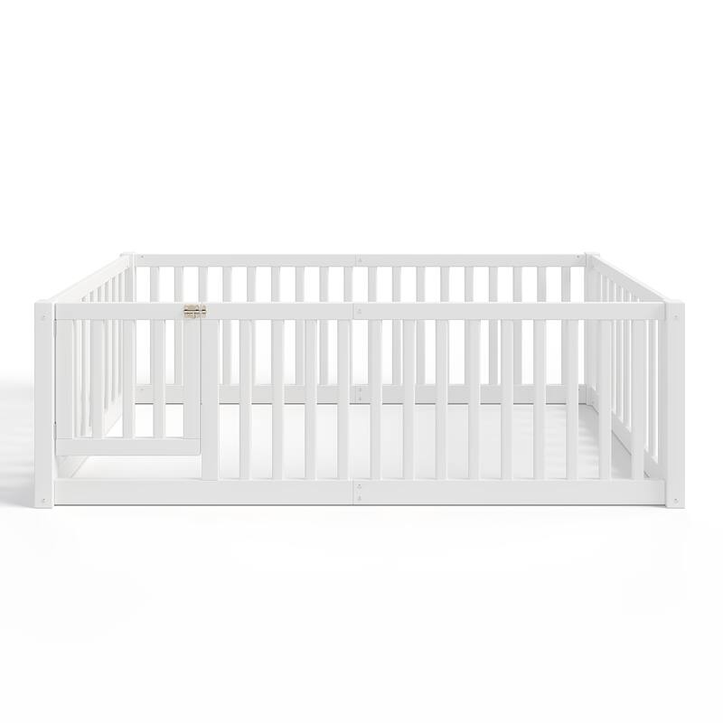Montessori Floor Bed with Safety Guardrails & Door, Kids Low Profile Frame, Available in Queen/Full/Twin