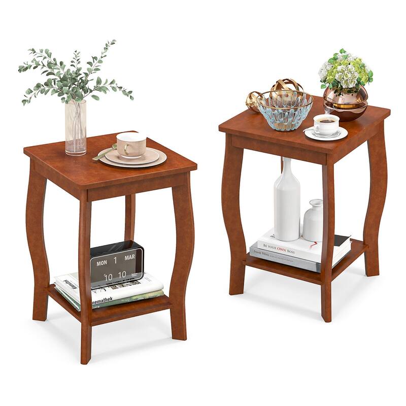 Gymax 2-Tier Square End Table Set of 2 Narrow Sofa Side Nightstand w/ - Walnut - Wood