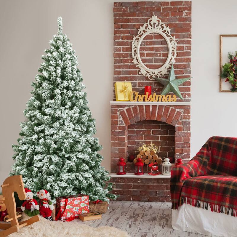 Gymax 6ft Snow Flocked Christmas Tree Hinged Artificial Pine Tree w/ - See Details - Green - 6 Foot