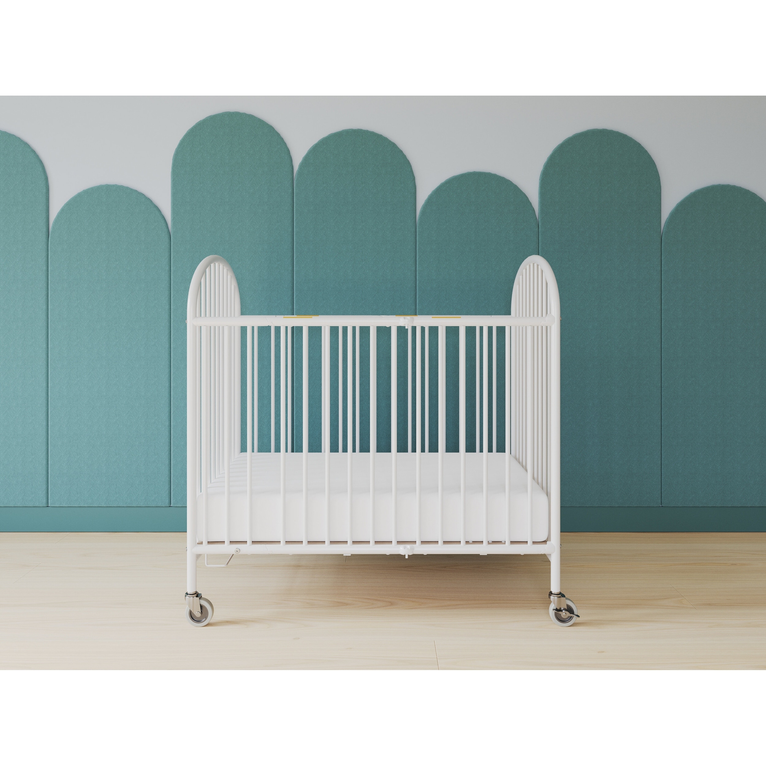 slide 2 of 7, Foundations Pinnacle White Folding Steel Compact Crib