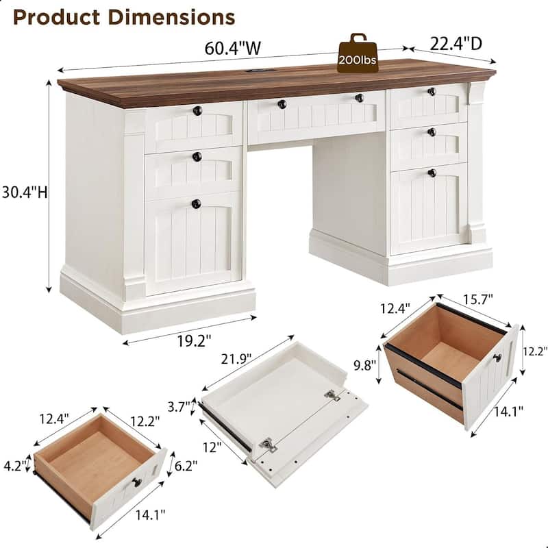 Executive Desk, Wood Office Desk with Charging Station & File Cabinet