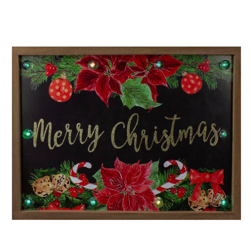 15.75" Brown "Merry Christmas" with Poinsettias Wooden Plaque
