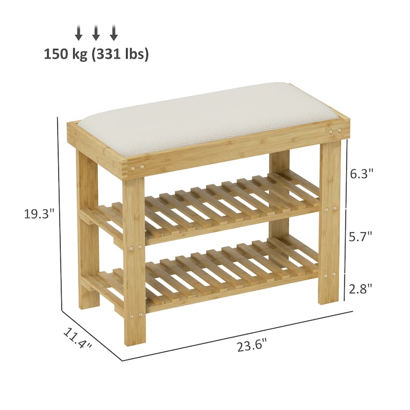 Wicker Two-Tier Storage Shoe Bench with Linen Cushion and Entryway Seating for Home and Hallway - 23.6" W x 11.4" D x 19.3" H