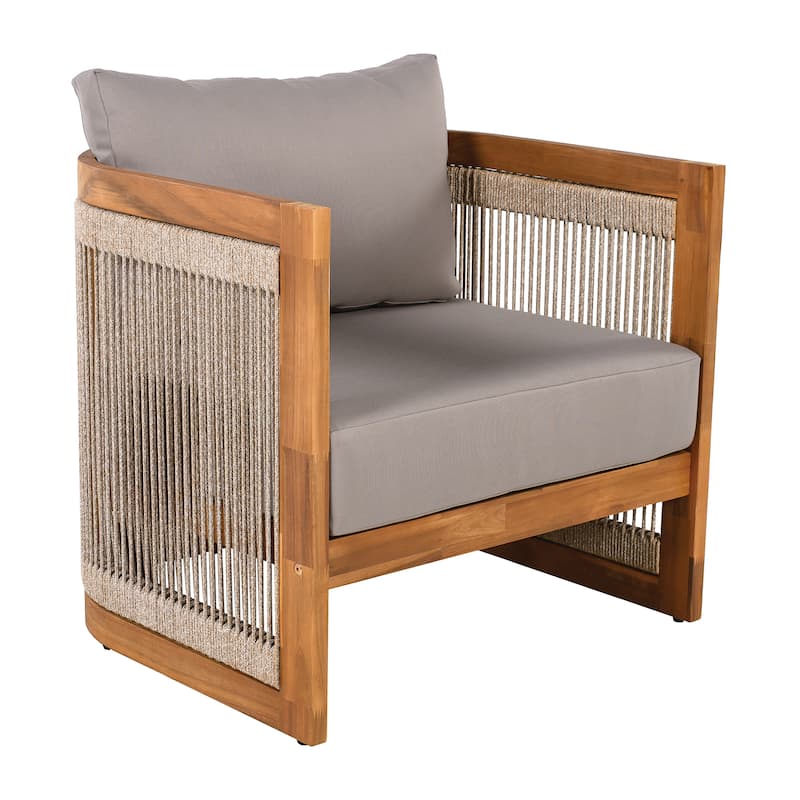 [Set of 2] Premium Acacia Wood Outdoor Club Chair, Curved Tub Design with Woven Rope Accents, Water-Resistant Cushions